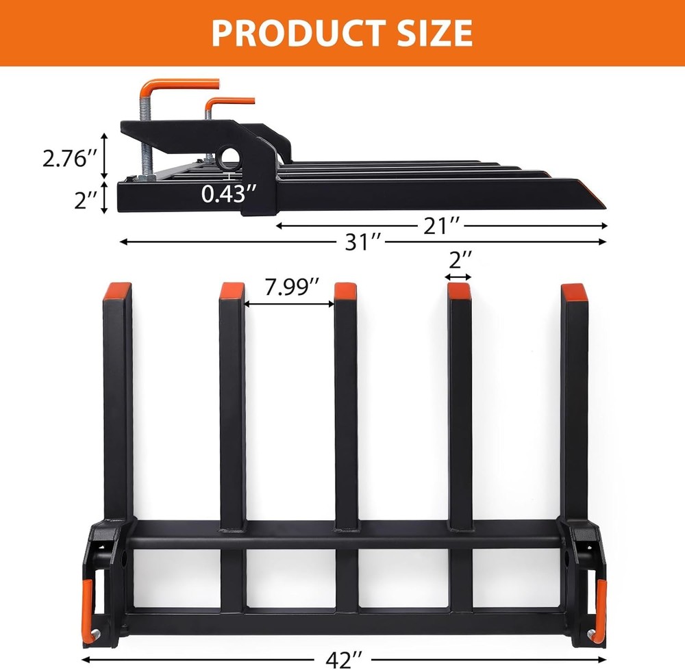 Heavy Duty 42" Pallet Fork, Clamp-On Loader/Tractor Attachment, 2500 Max Load