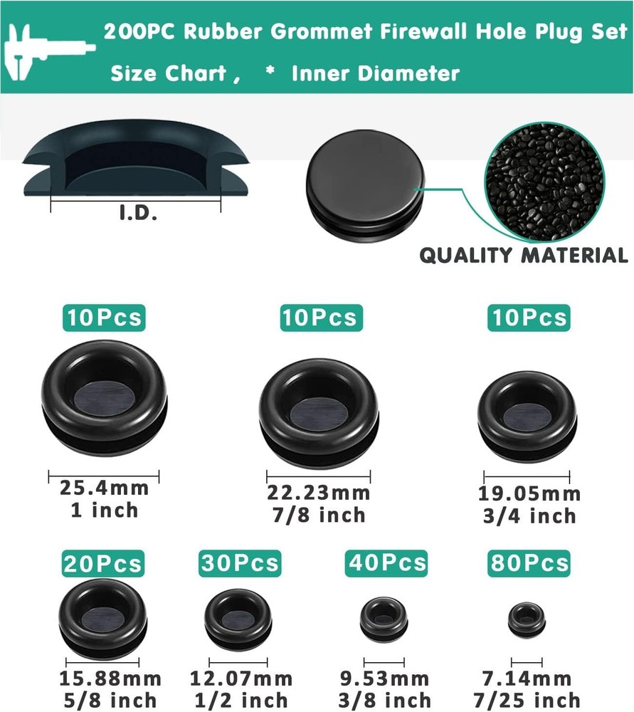 Rubber Grommet Kit 200 Pack - 7 Sizes Firewall Hole Plugs B