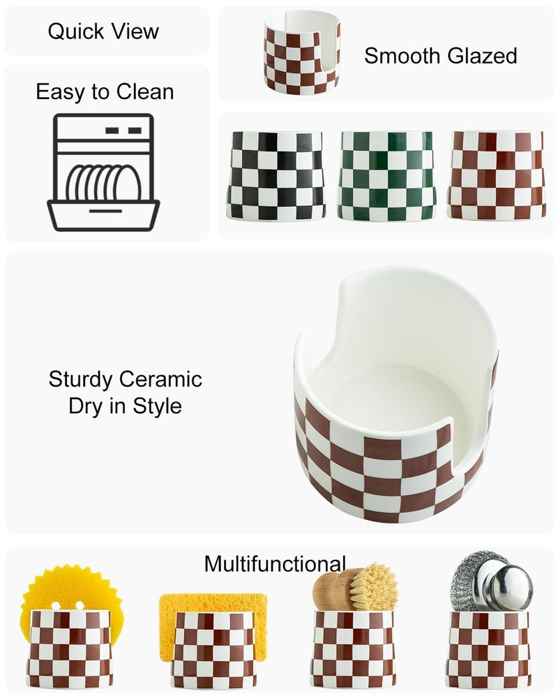 Checkered Sponge Holder for Kitchen Sink, Ceramic Dish Sponge Drying Caddy Sc...