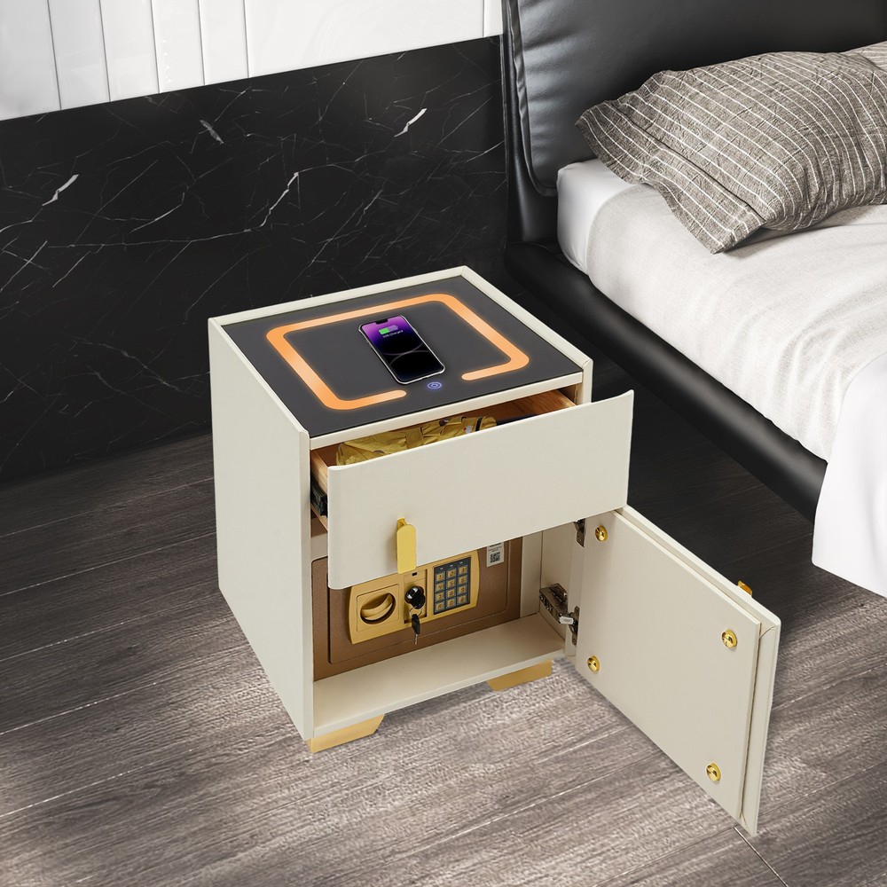 White Wireless Charging Bedside Cabinet w/Lock Bluetooth Speaker Bedside Table