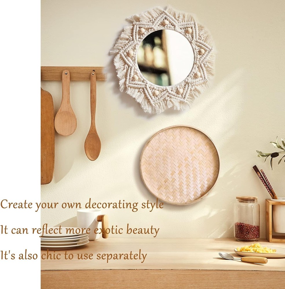 Boho Wall Basket Decor Set - Flat Woven Macrame Tapestry, Mirror White Round Tas