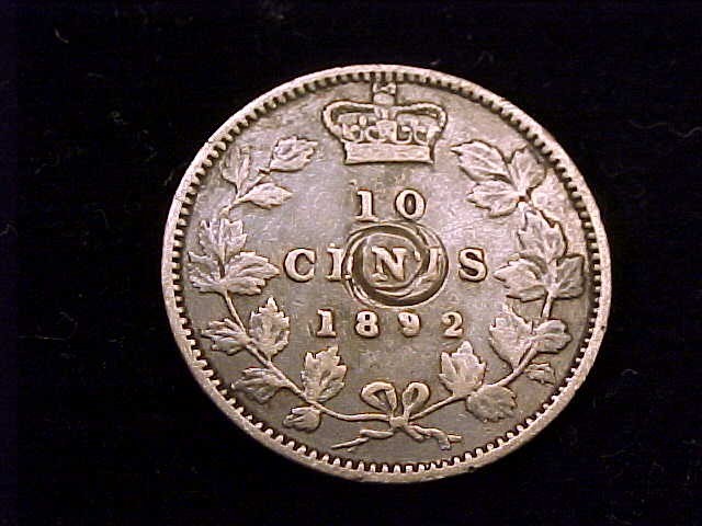1892 Canada 10 Cent, Fine Grade, but damaged.