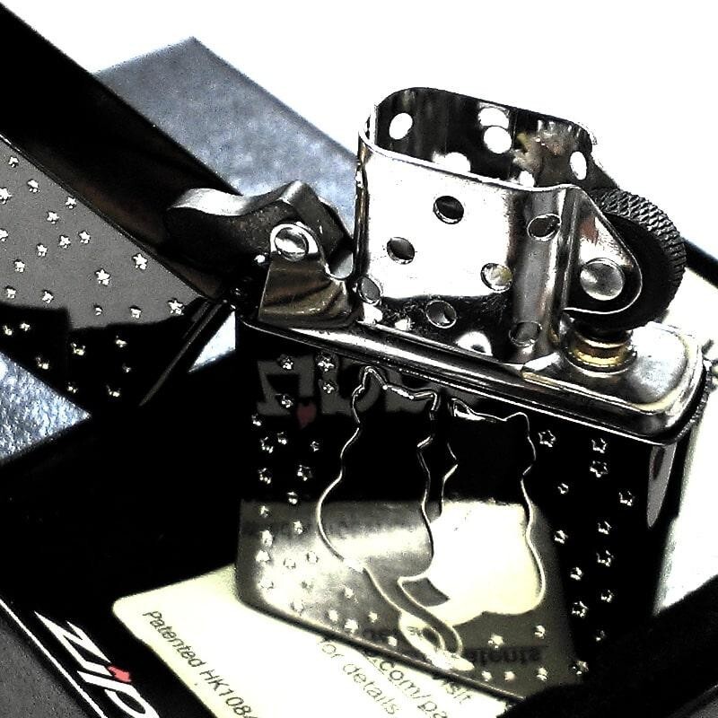 Zippo Moon Cat Black Silver Etching Engraving 1 Sided Processing Lighter JP