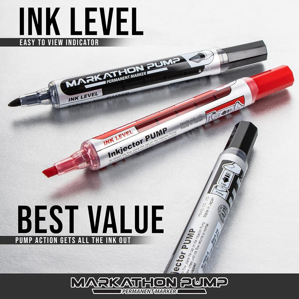 Pentel Markathon Pump Permanent Marker, Chisel Tip, Black Ink, 4 Pack
