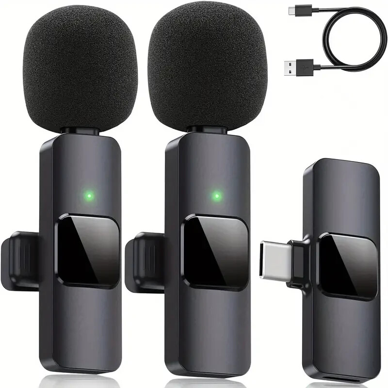 2 Pack Type C Mini Wireless Lavalier Microphone for iPhone 15 and Android Black