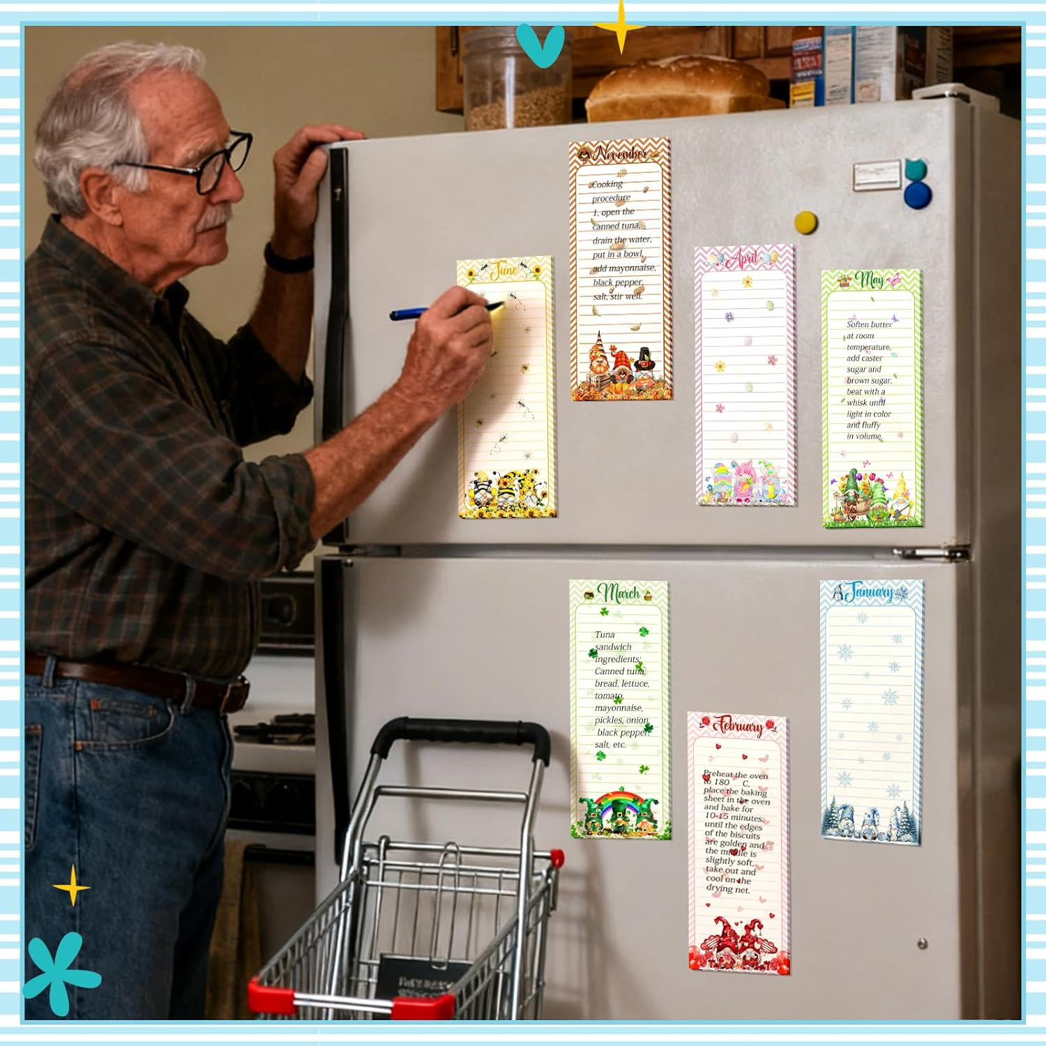 12 Pcs Seasonal Holiday Magnetic Notepads for Refrigerator Gnome Monthly Magneti