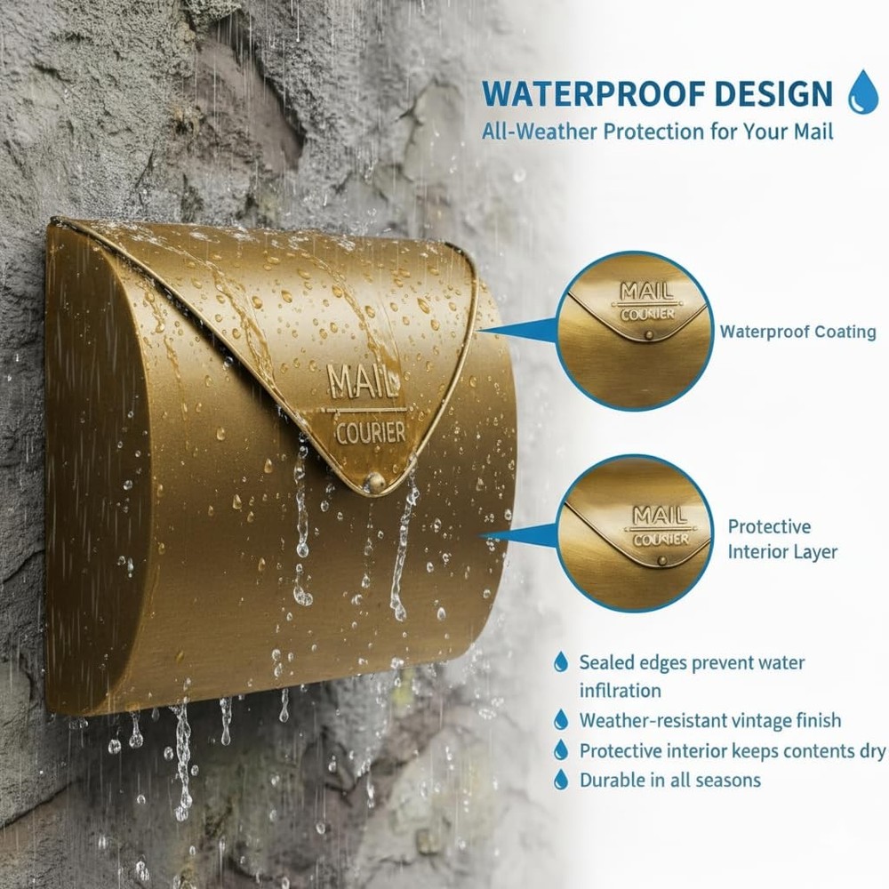 Wall Mount Mailbox for Outside,Waterproof Metal Mailboxes with Rust-Proof Gold