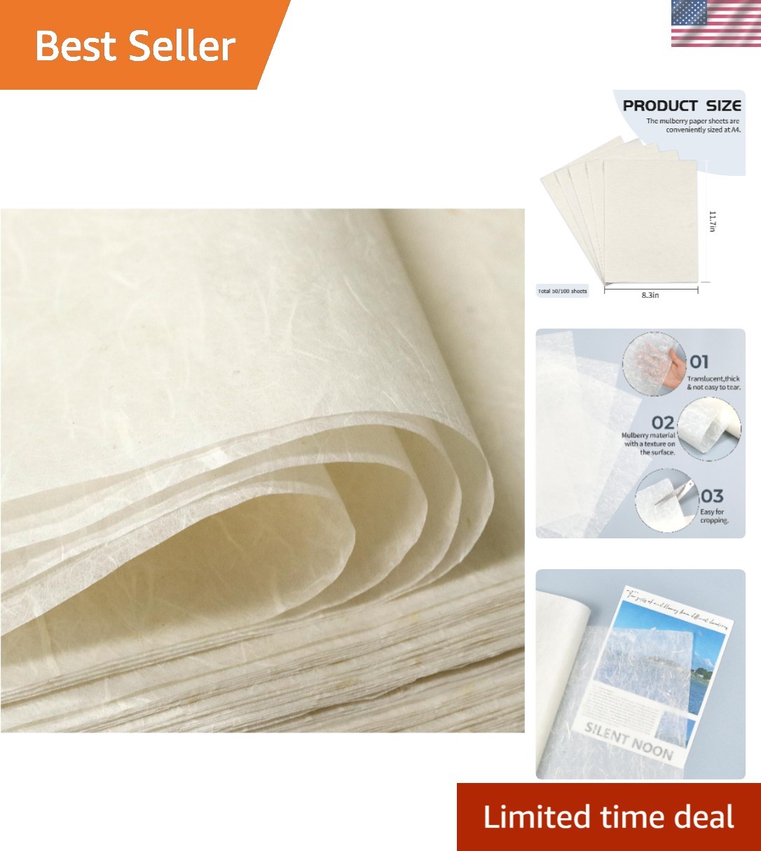 100 Sheets A4 Mulberry Paper Sheets Natural Fiber Rice Papers,8.3x11.7in Natu...