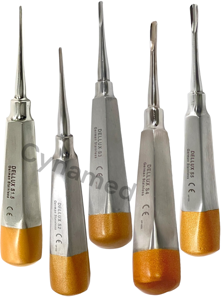 GERMAN DENTAL ELEVATOR EXTRACTING LUXATING APICAL ROOT ELEVATOR SET 5 STR GOLD