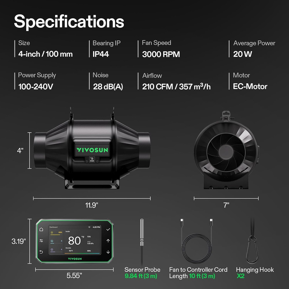 T4 4" Inline Duct Fan & Temperature Humidity Controller, E42A+ Wifi-App Control
