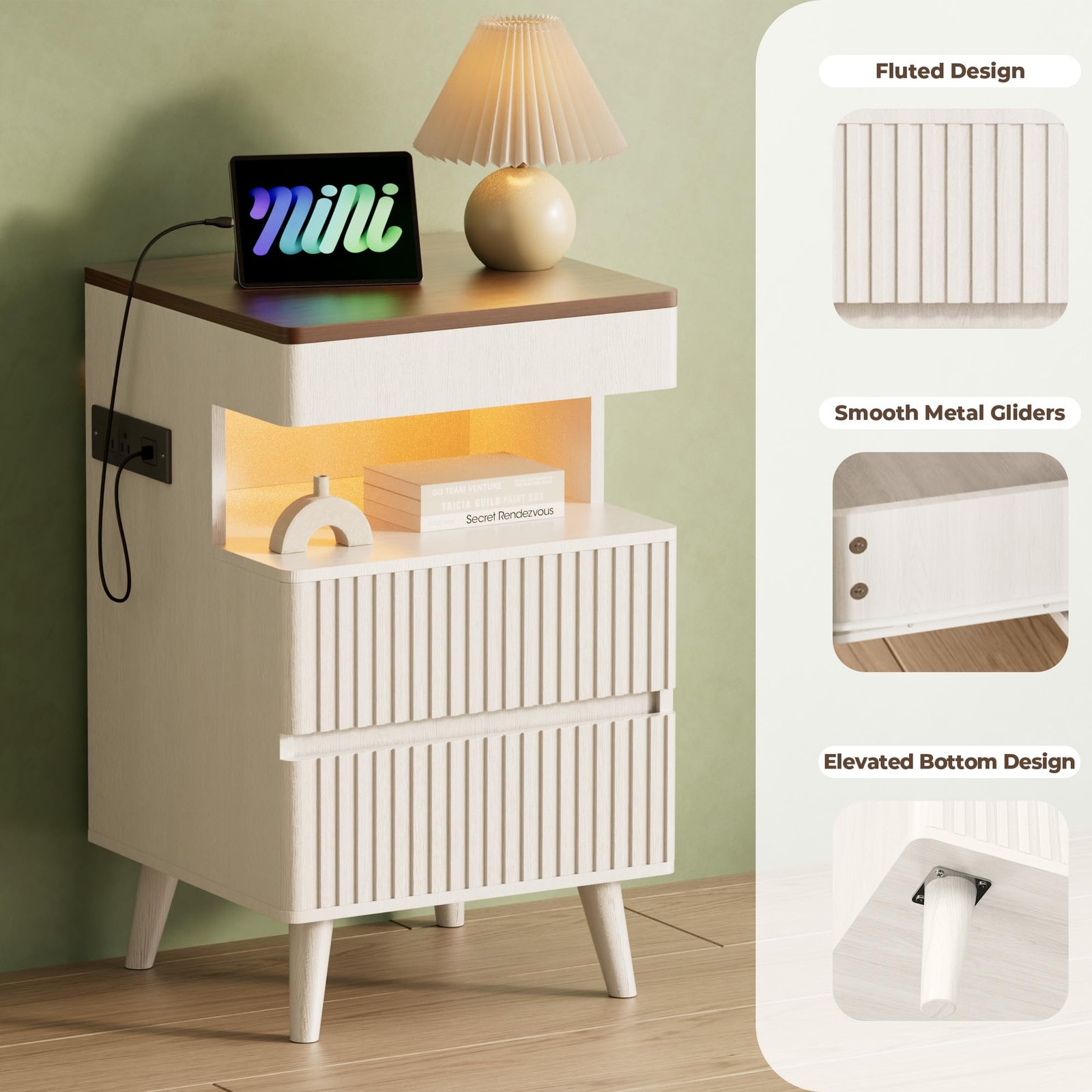 26" Tall Fluted NightStand w/Charging Station & LED Light,with 3 Storage Drawers