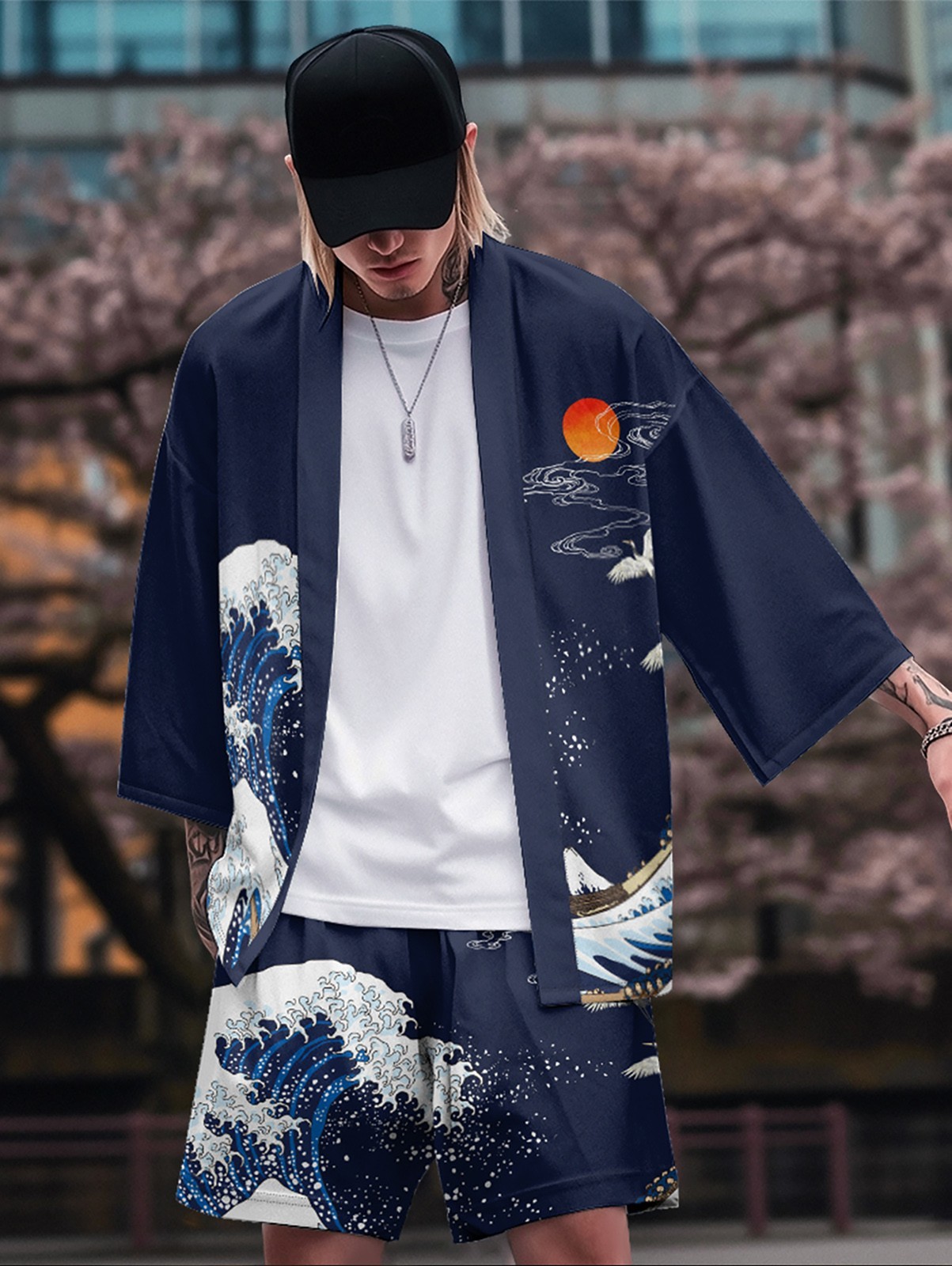 Niepce Japanese Graphic Kimono Cardigan Shirt with Lightweight Streetwear Shorts