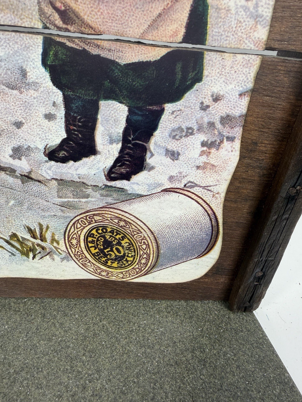 J&P Coats Vintage Print Ad Wood Slat Sign 13.5" x 12"