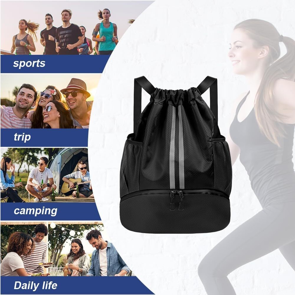 Drawstring Backpack, Waterproof Sports Large Gym Bag Black