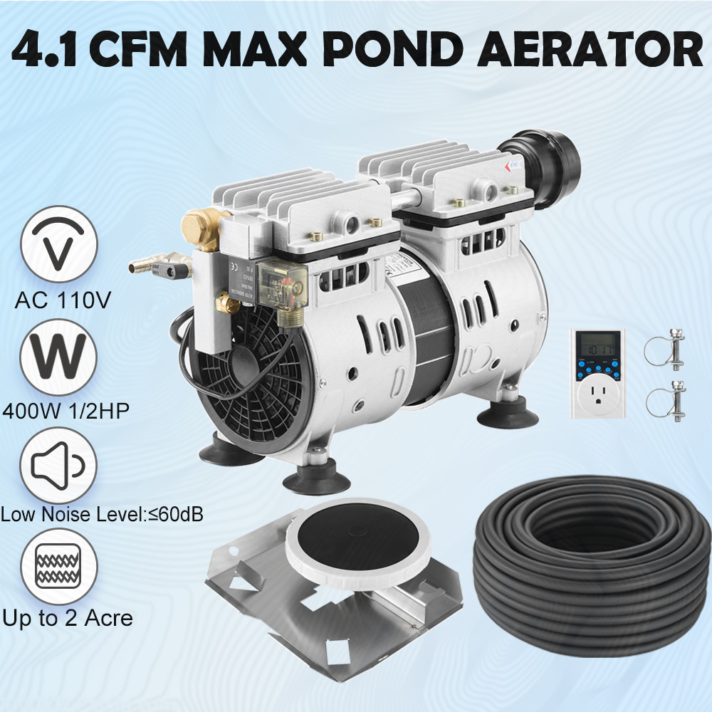 1/2 HP 400W 4.1 CFM Pond Aeration Compressor Timer Tubing Diffuser System 2 Acre