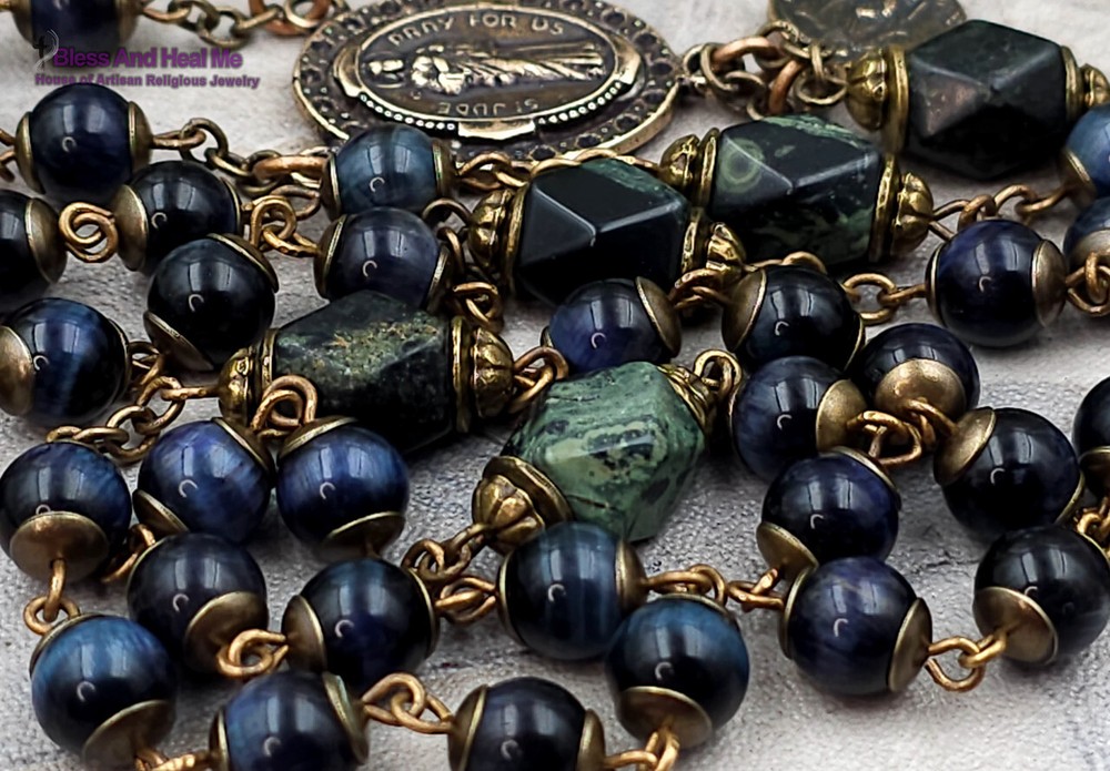 St Jude Raphael Lourdes Blue Tiger Eye Vintage Bronze Rosary