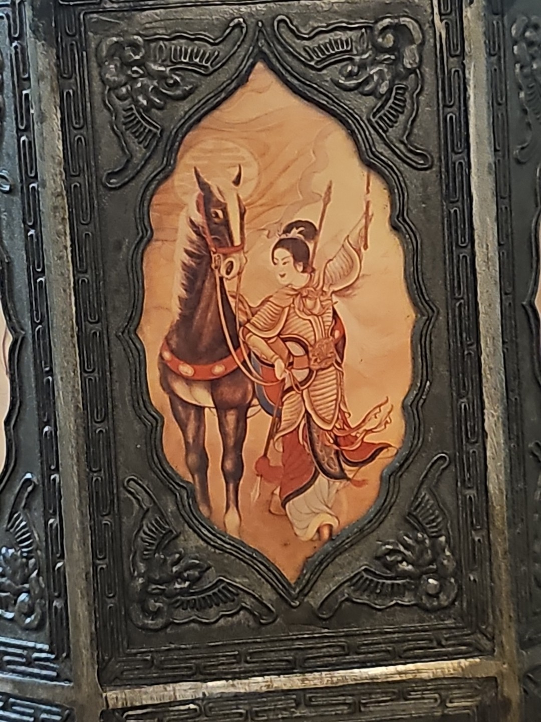 Antique Pewter Tea Caddy Canister w/ 18 Glass Scenes Reverse Painted Panels LAMP