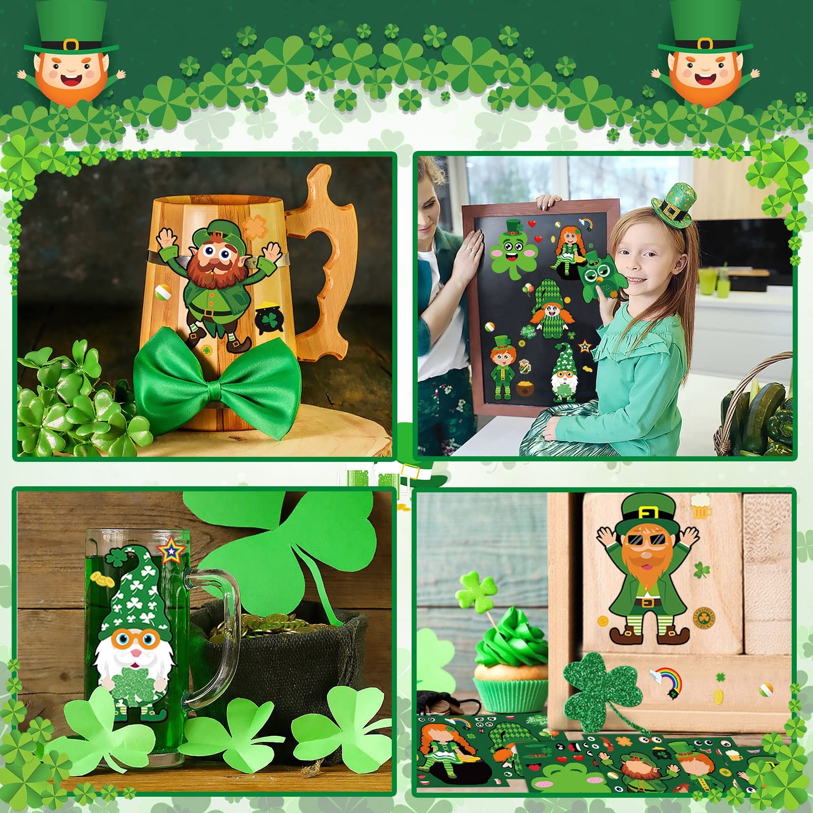 St.Patrick's Day Stickers for Kids, 48pc Shamrock & Face Stickers, DIY Crafts fo