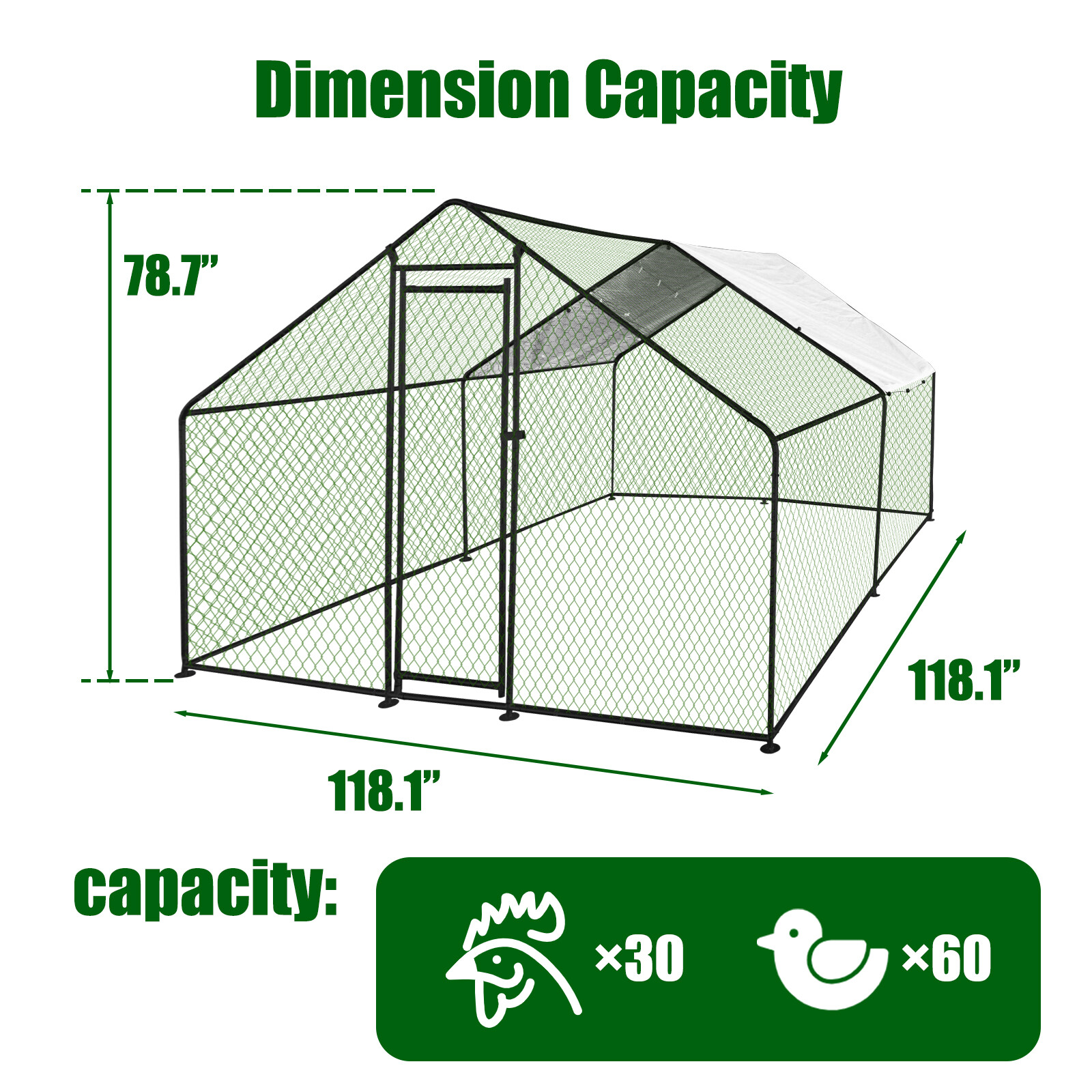 10x10x6.6 ft Large Metal Chicken Coop Walk-In Chicken Run Peaked Roof Farm Yard