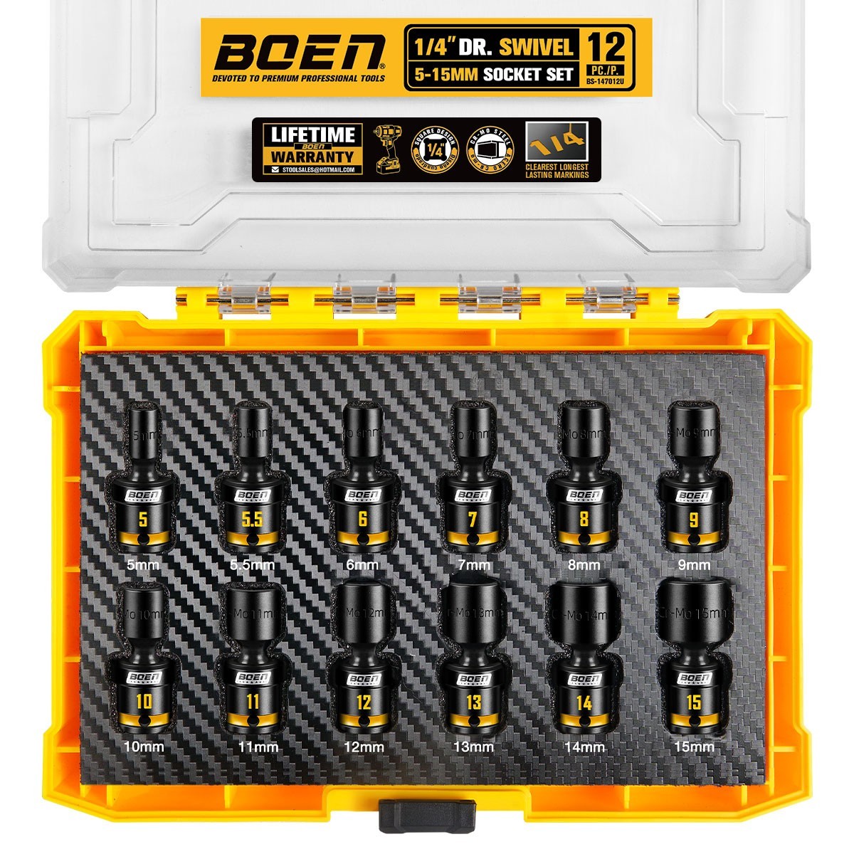 12-Piece 1/4” Drive Impact Swivel Socket Set, Metric 5mm-15mm , CR-MO Steel