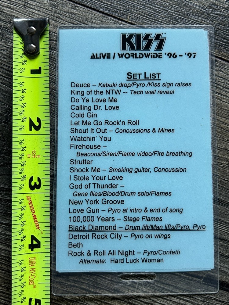 KISS LAMINATE PASS Reunion Tour Set List HardLuckWoman +Pyro Cues 1 Vintage Kiss