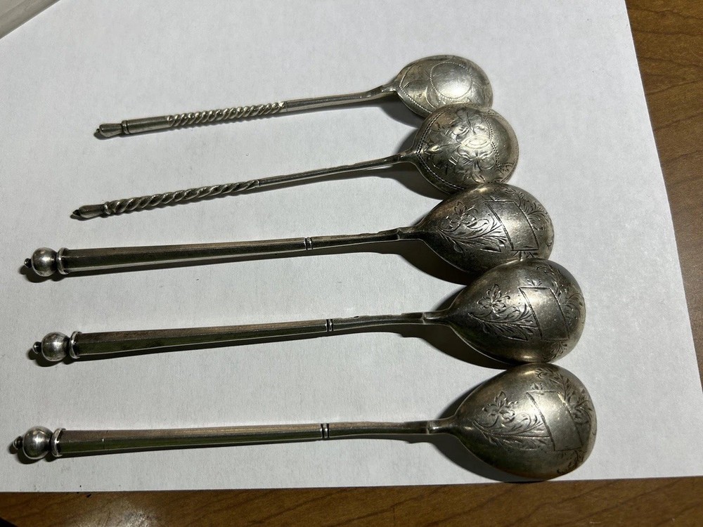 Imperial Russia 84 Silver Engraved Signed Five Spoons