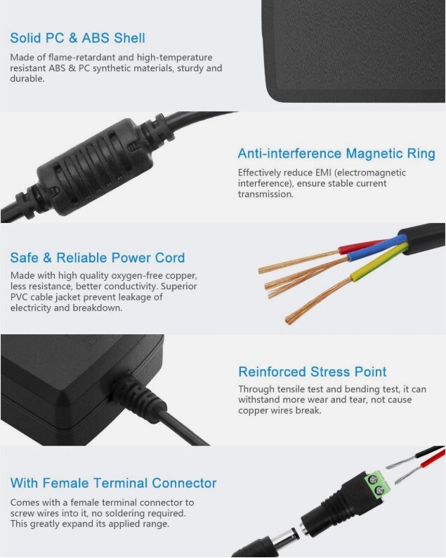 12V 5A 5 AMP 60W DC Power Supply Adapter Transformer LED Strip CCTV PC 5050 USA