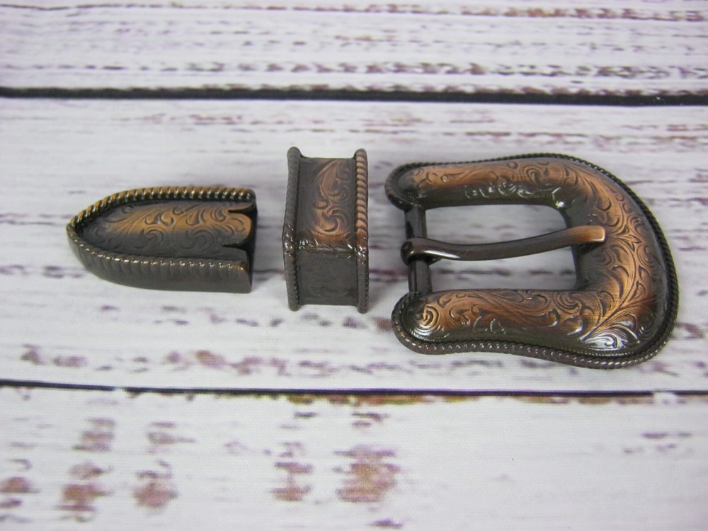 3 Piece Copper Engraved Rope Edge Buckle Set Loop Tip 3/4"