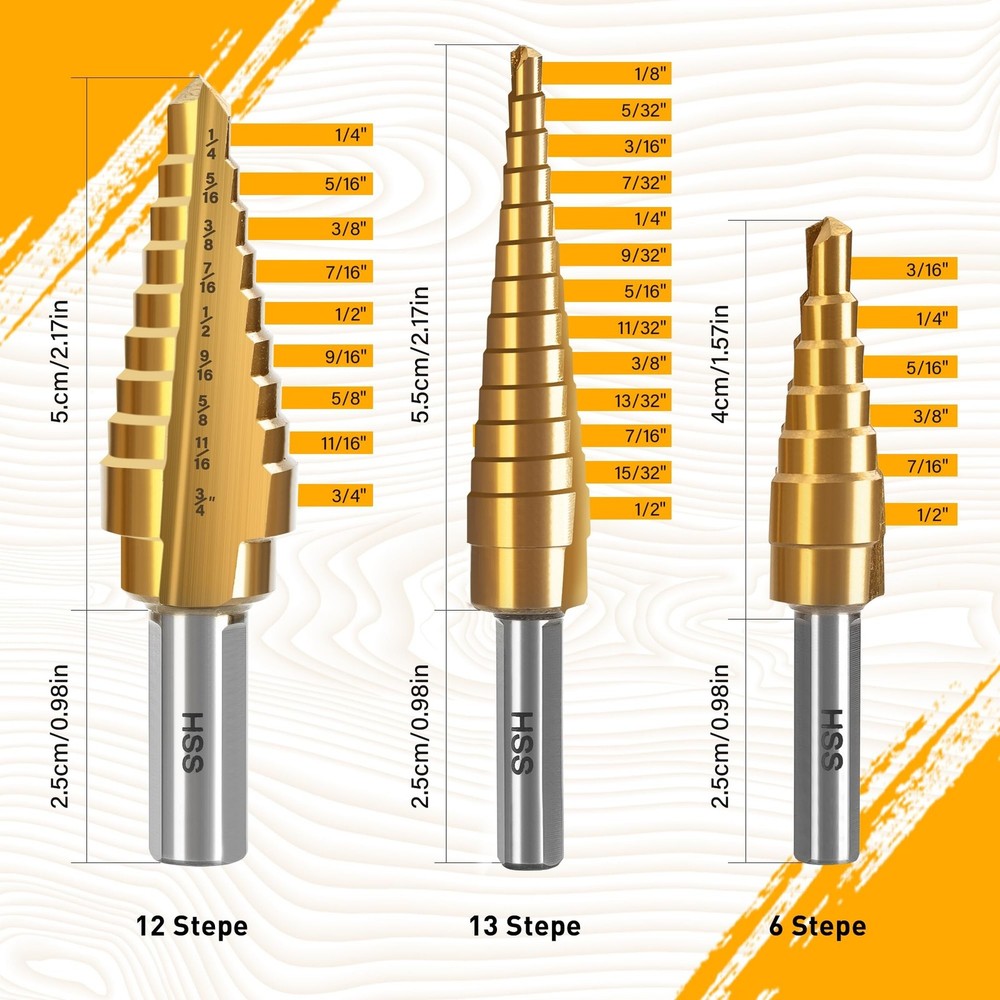 Step Drill Bit Set, 3PCS Titanium High Speed Steel Drill Bits, Step Bits for ...
