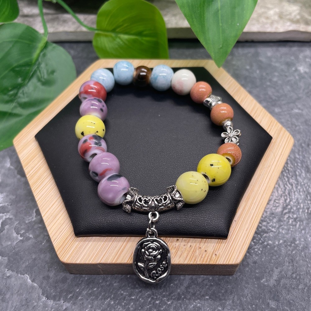 Handmade Ceramic Bead Beaded Stackable 6.25” Plus Stretch Bracelet New B516