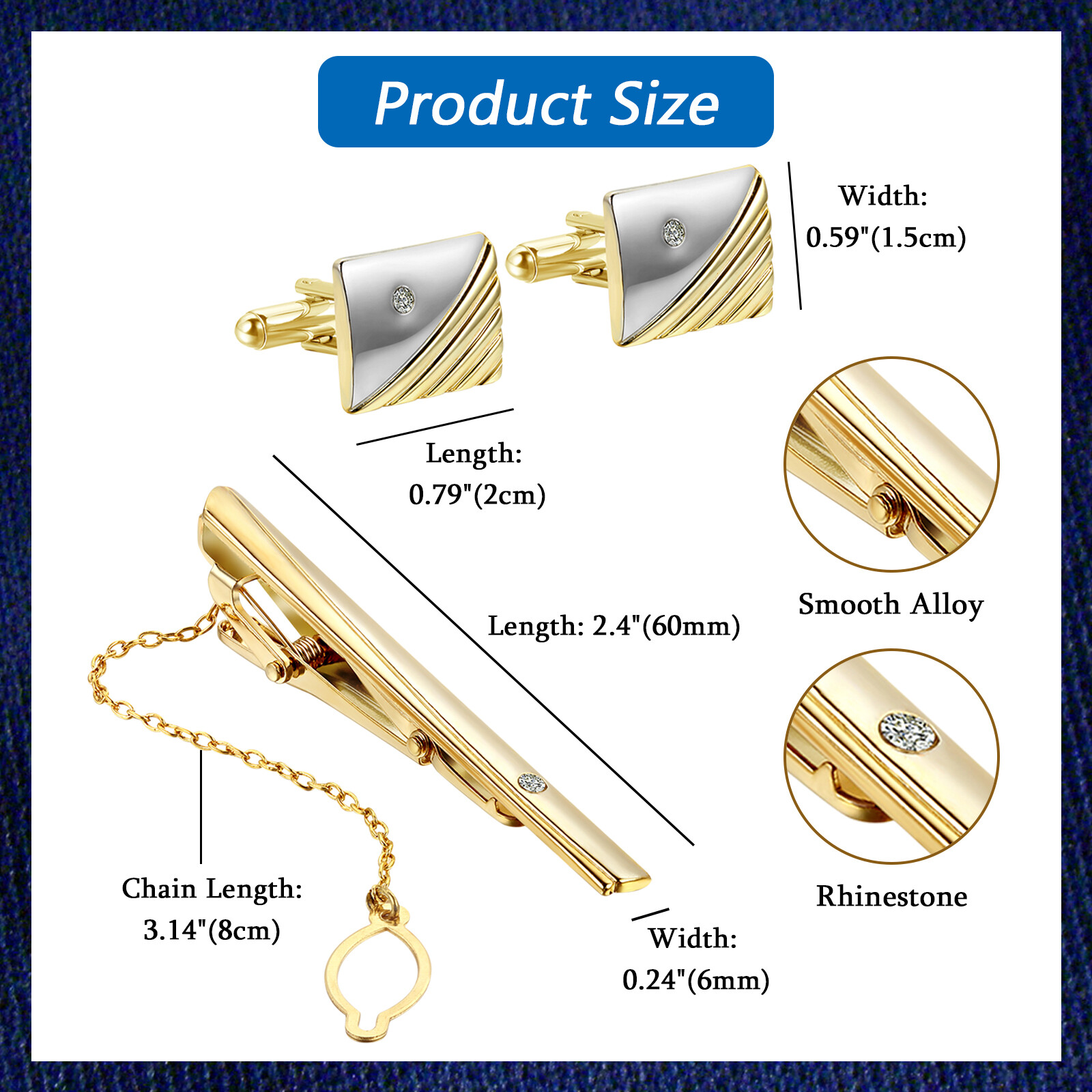 Polished Gold Tone Metal CZ Cufflinks Tie Bar Clasp Clip Set Men's Modish Gift