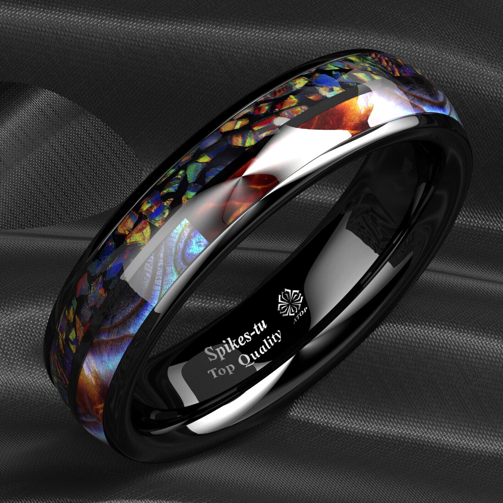 8/6mm Black Tungsten Ring Hawaiian Opal and Abalone Inlay Men ATOP Wedding Band