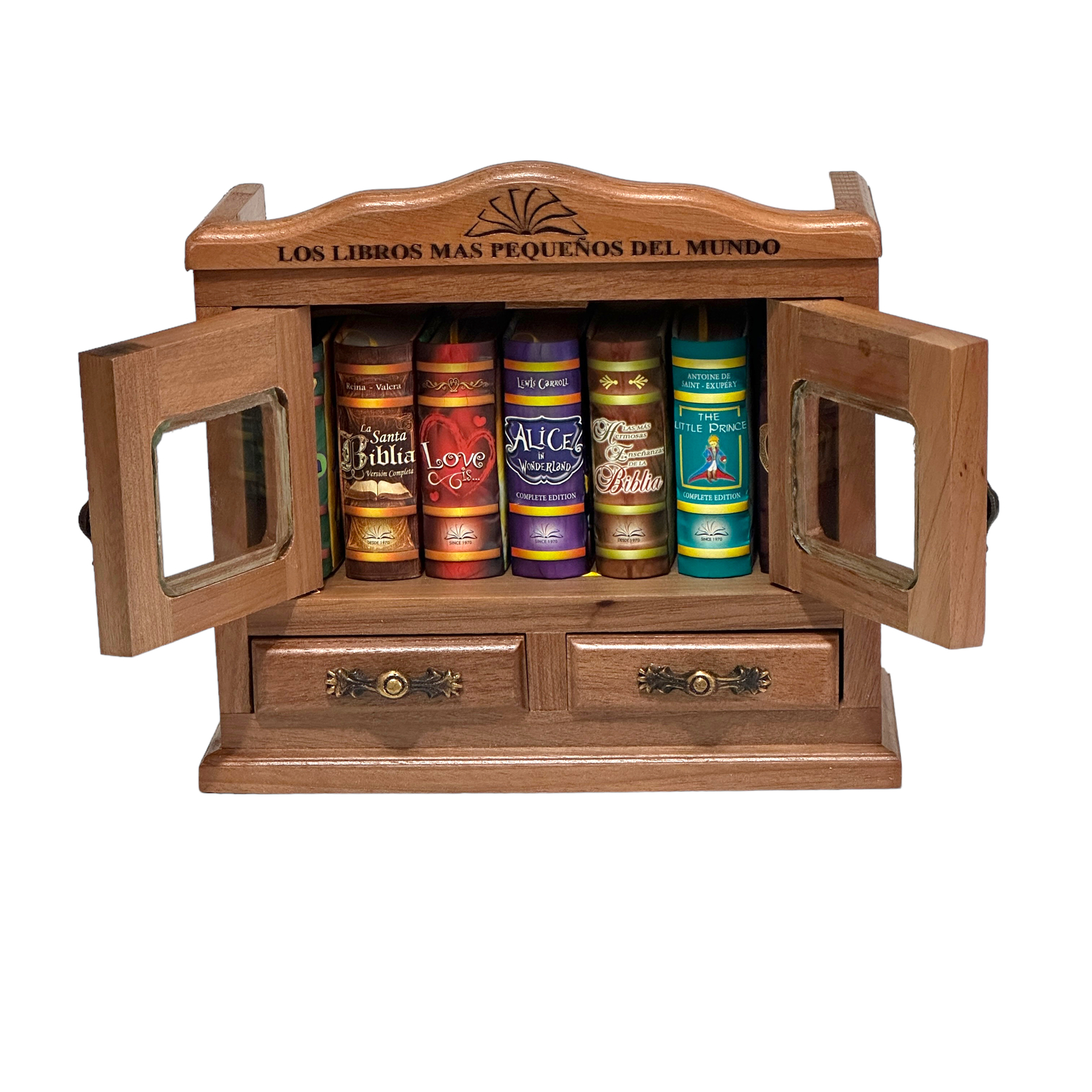 new Bookcase Armoire wood and glass, copper hinges for 7 mini books 7 inc high