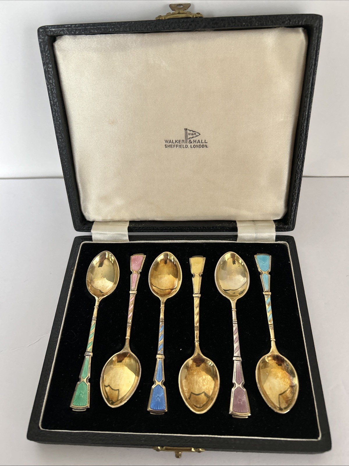 Vintage Walker & Hall Set Of 6 Silver Gilt And Enamel Coffee Spoons - England