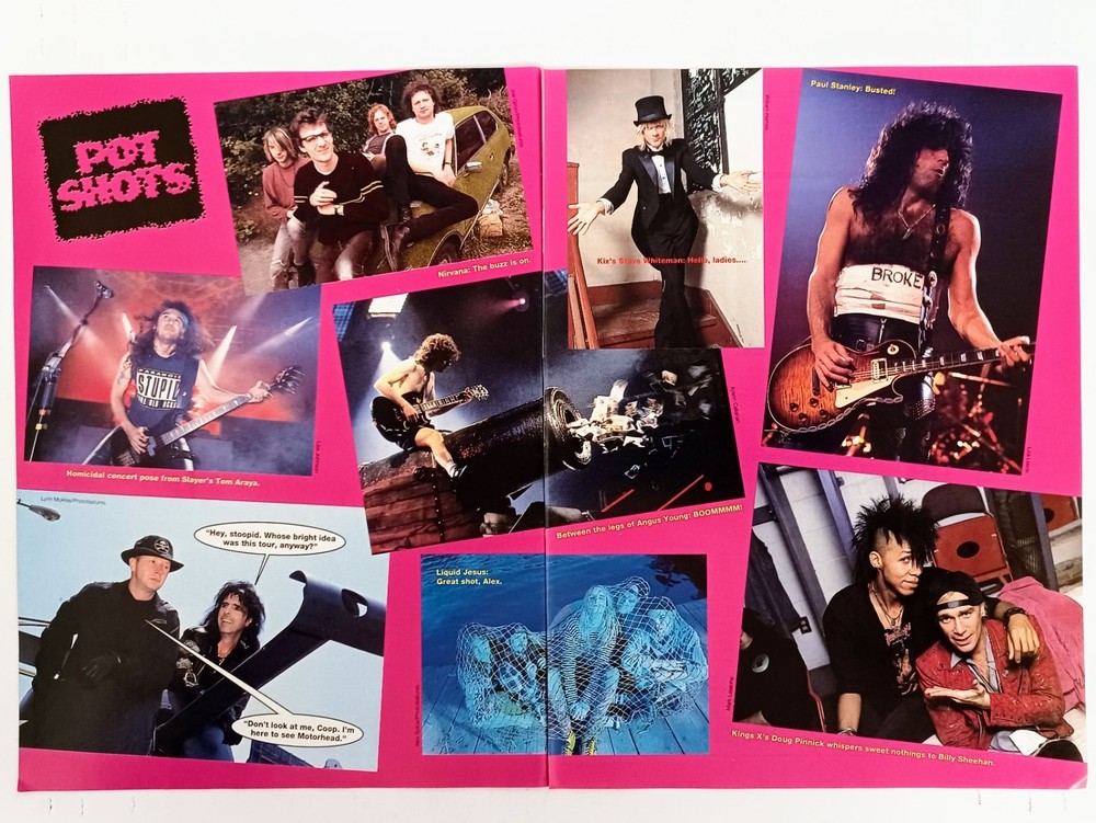 POT SHOTS~1991 2-PAGE POSTER MAGAZINE PINUP CLIPPING~SLAYER~AC/DC~KING'S X~KISS