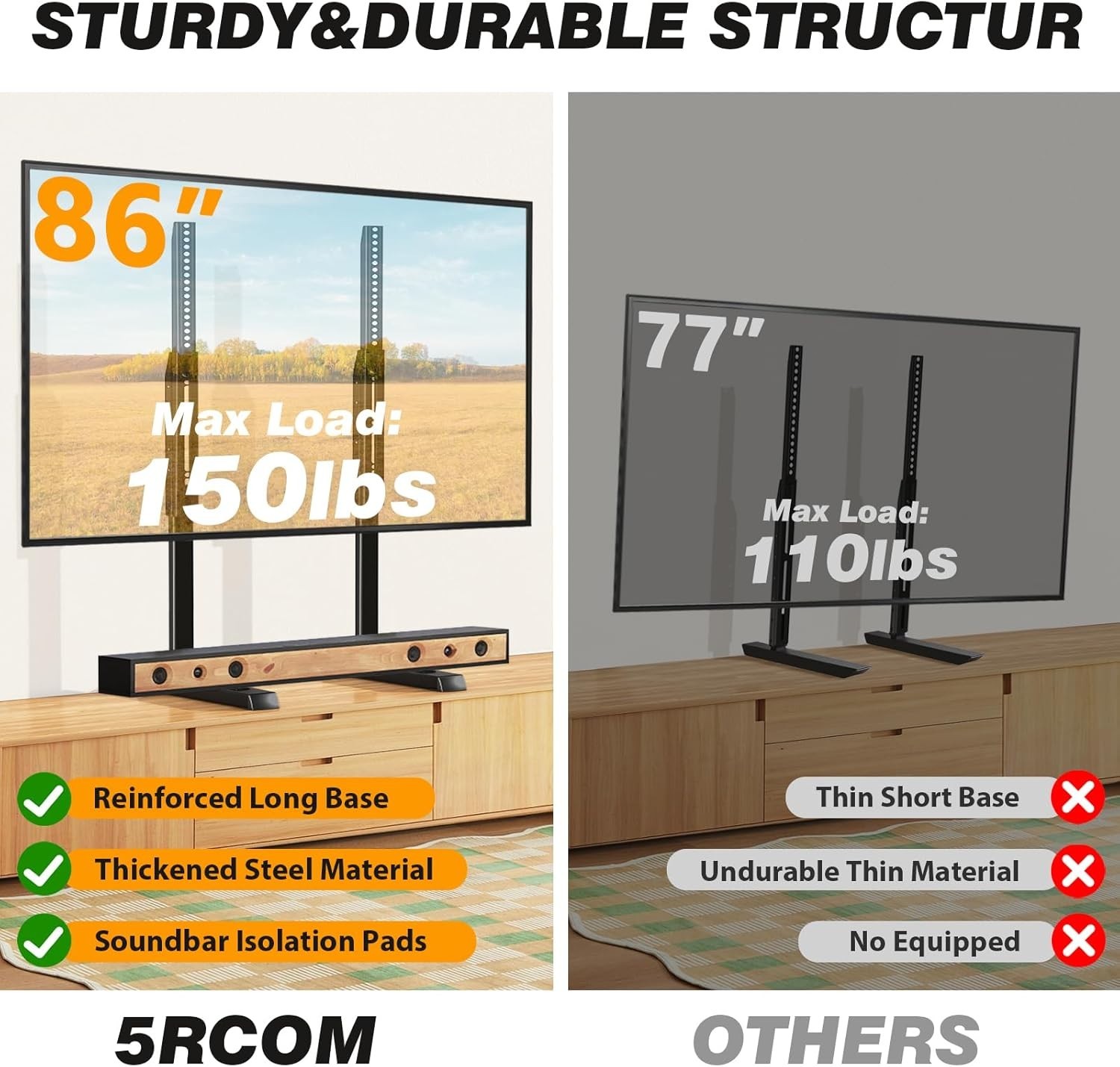 Large TV Stand for 37 86 Inch Flat Curved TVs Cable Management Height adjustable