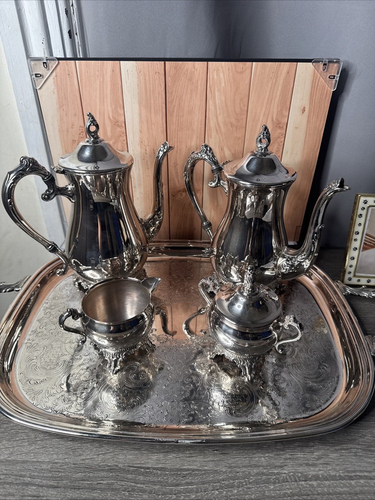Pilgrim Silver Plated 5 Pc Coffee, Tea, Set Service Tray, Sugar Creamer ￼