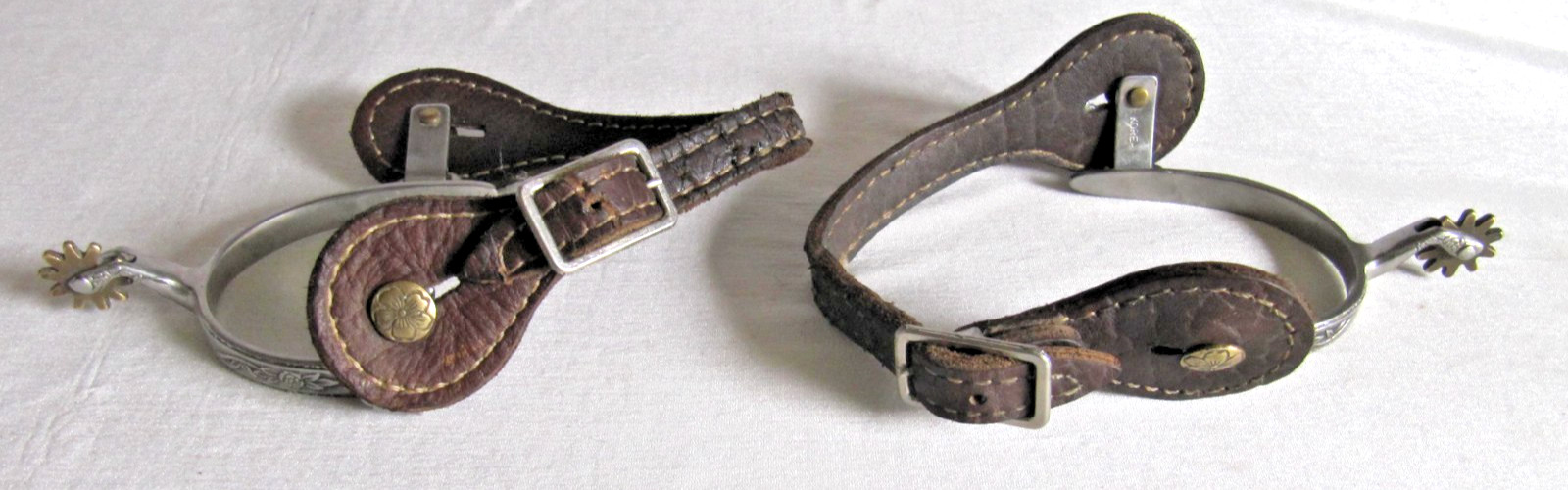 Ladies Rose Floral Engraved Stainless Western Rowel Spurs w/ Leather Straps