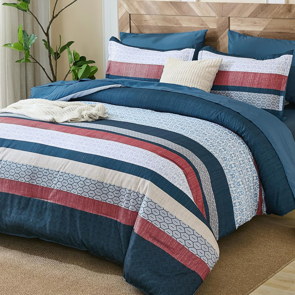 Blue Comforter Set King Size,Boho Striped Bedding Sets Bed in a Bag,7 Pieces Sof