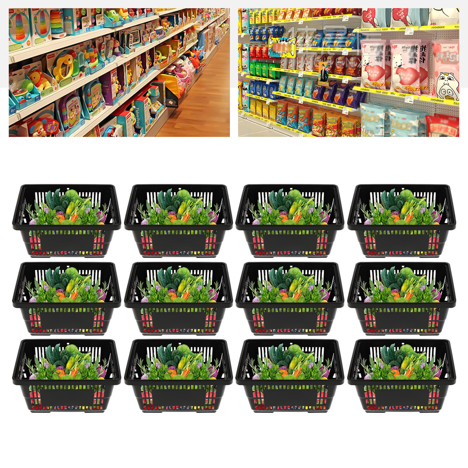 12 PCS Black Plastic Shopping Basket for Market Grocery Retail Store + Handles