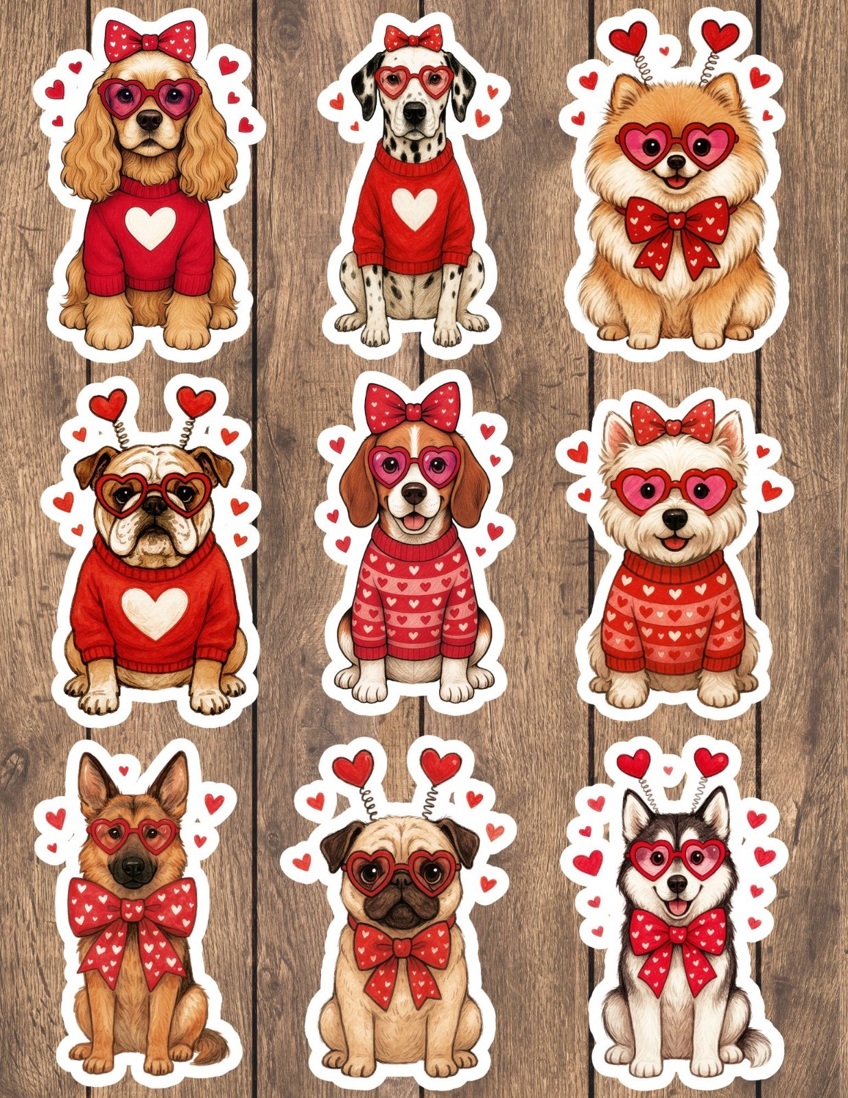 Valentine's Dogs Die Cut  Vinyl Stickers Set Scrapbooking Laptop Waterbottle