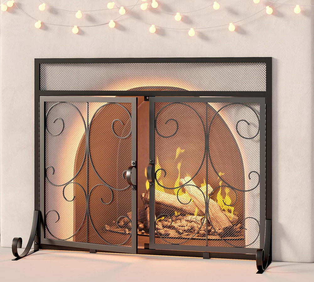 Large Flat Fireplace Screen with Doors, Wrought Iron Frame with Metal Mesh, Flat