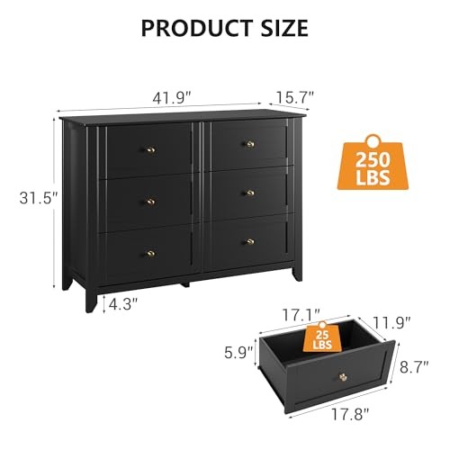 6 Drawer Dresser Modern Dresser for Bedroom with Deep Drawers for Living Room