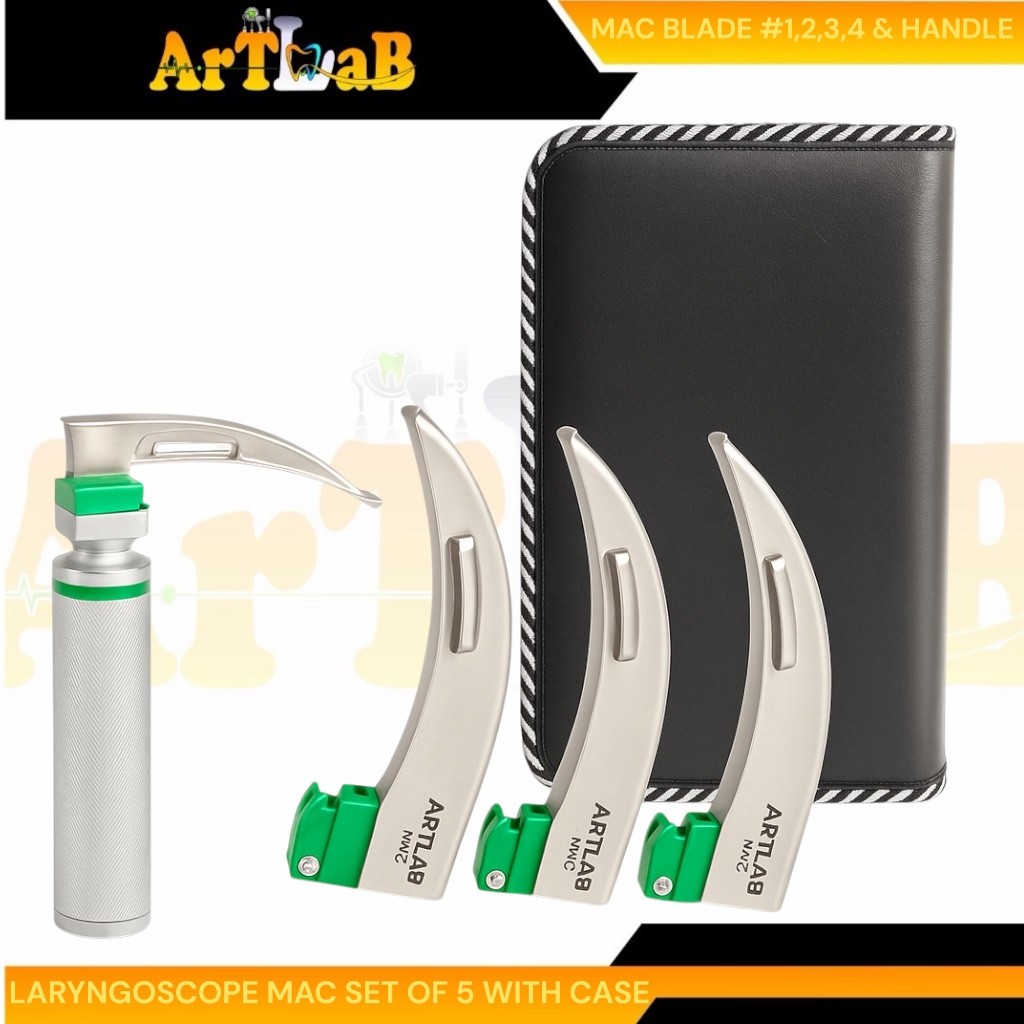 FIBER-OPTIC LARYNGOSCOPE SET OF 4 INTUBATION BLADES 1,2,3,4 + MEDIUM HANDLE