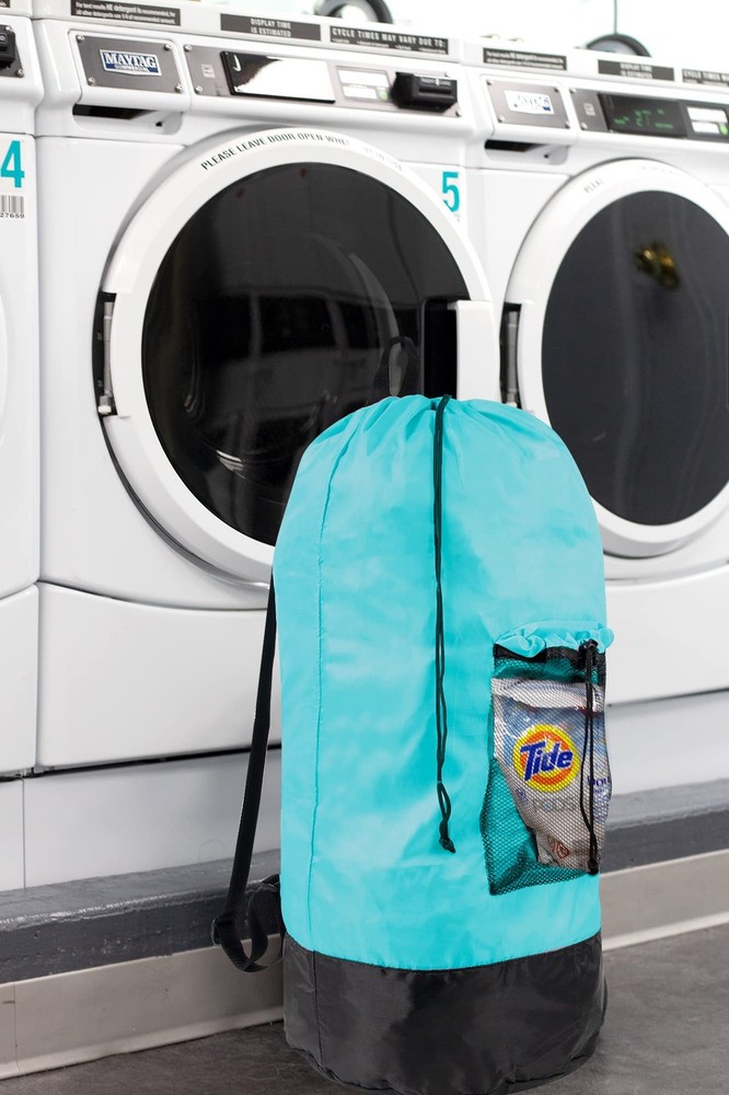 Turquoise Laundry Backpack with Mesh Pocket, Adjustable Straps and Drawstring...