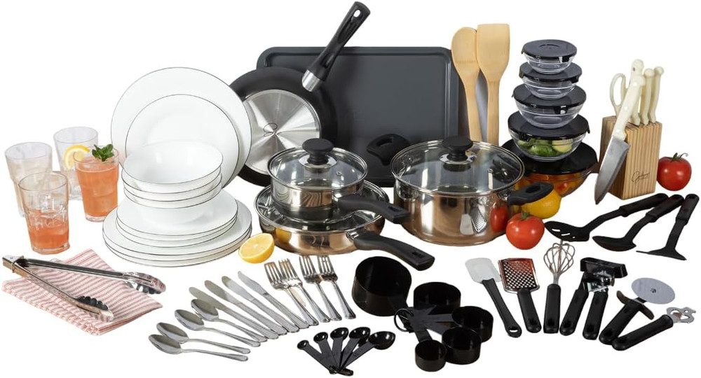 74-Piece Complete Kitchen Set: Cookware, Dinnerware & Utensils