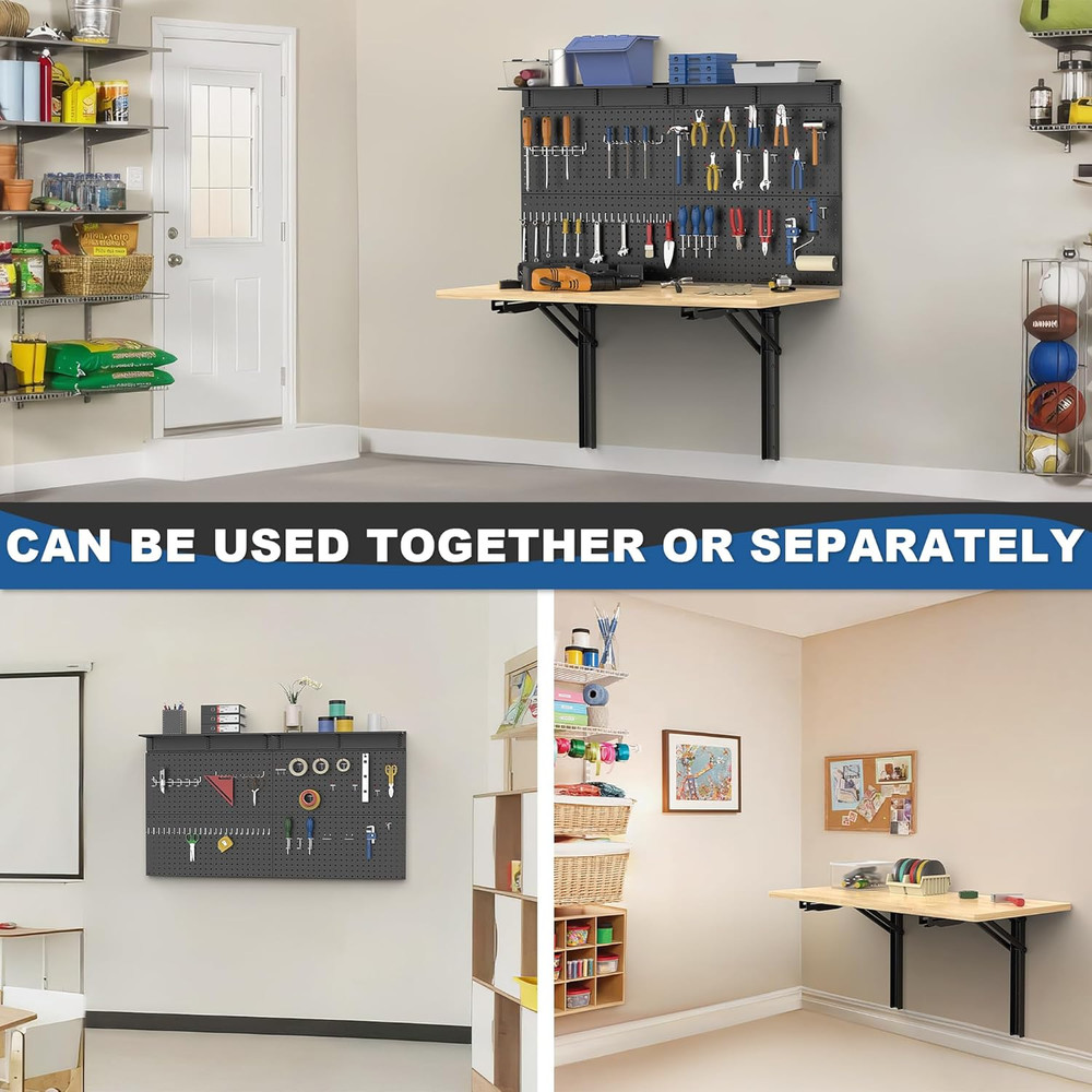 Folding Wall Mounted Workbench with Pegboard Organizer for Garage & Workshop