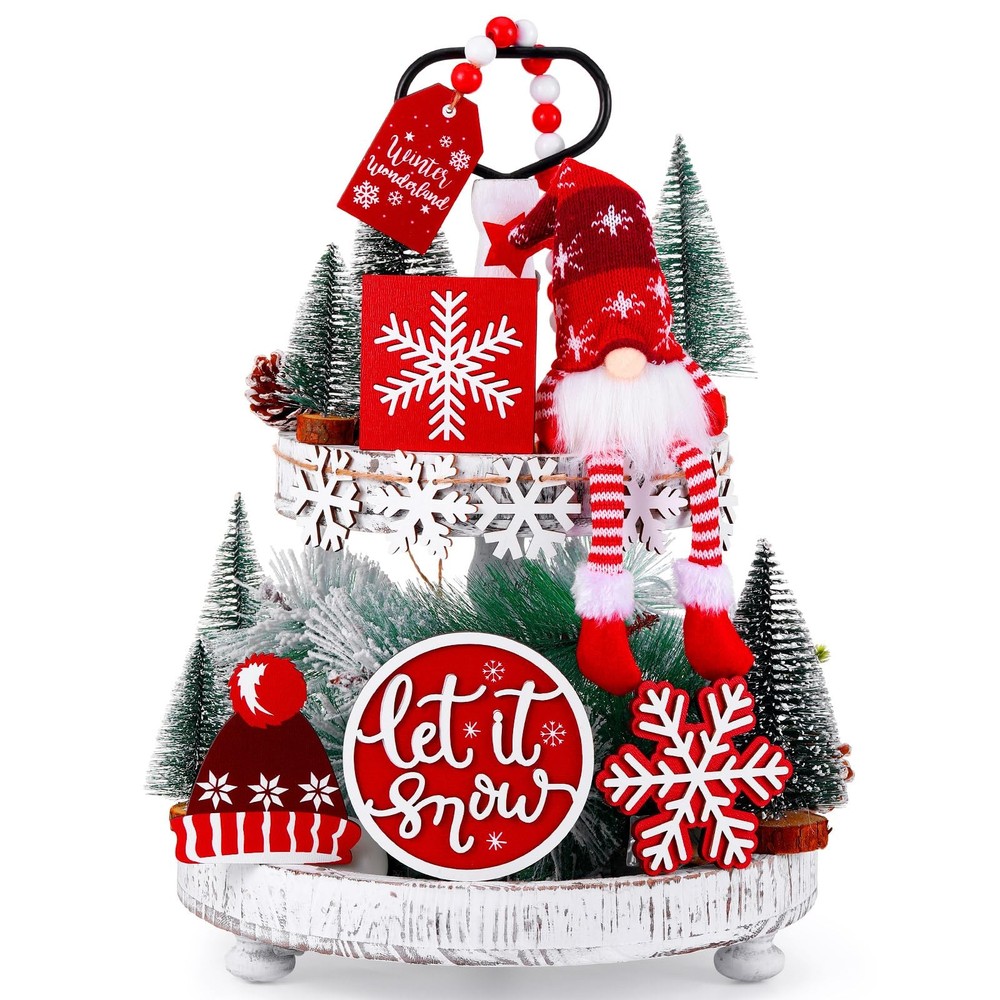 16 Pcs Winter Tiered Tray Decor Snowflake Rustic Gnome Plush Winter Tray Deco...