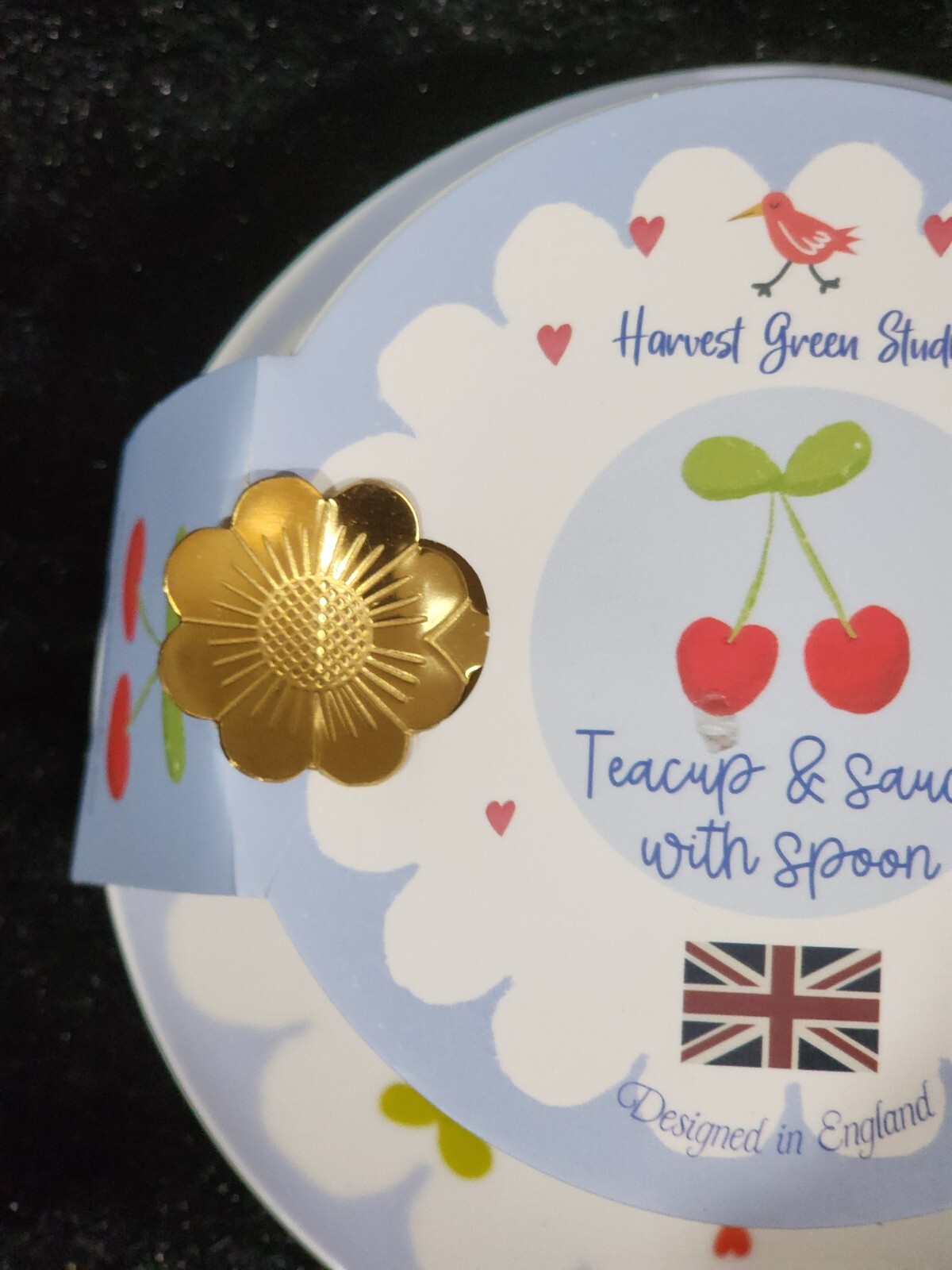 Cherry Bows Teacup & Saucer w Flower Spoon Hearts Blue Red White Lacey Cherries