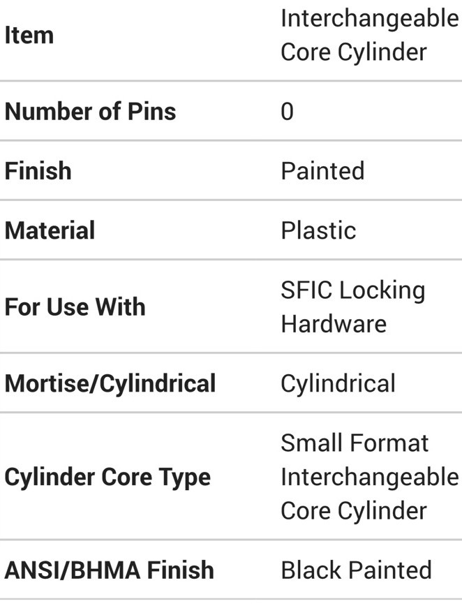 Stanley Best 1CC0BP Temporary Plastic SFIC Zero Pin Core Cylinder, Dormakaba